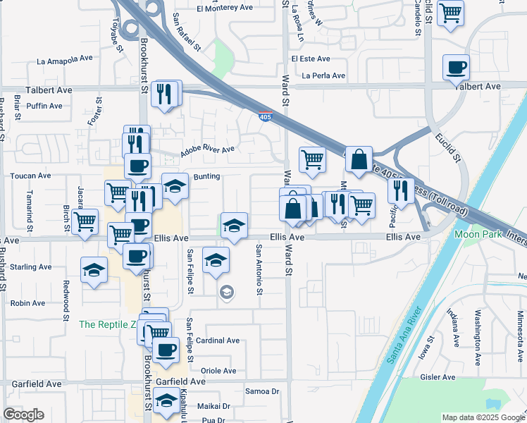 map of restaurants, bars, coffee shops, grocery stores, and more near 10458 Sioux River Circle in Fountain Valley