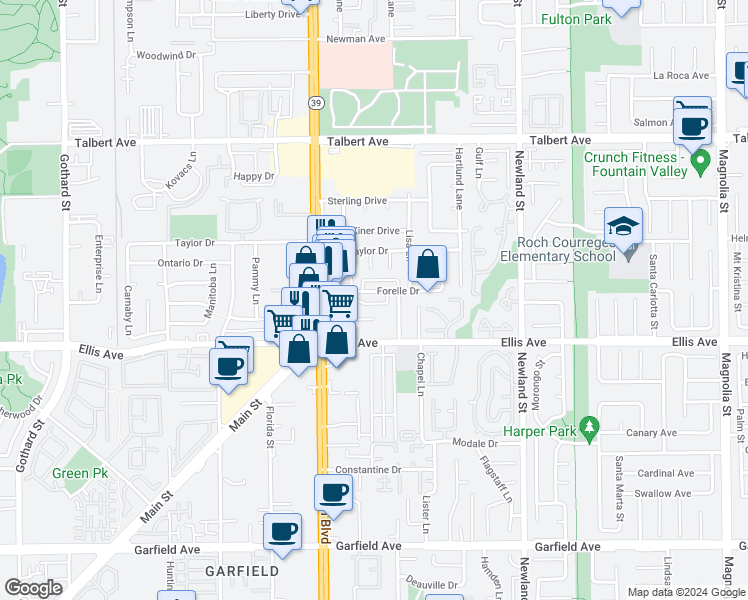 map of restaurants, bars, coffee shops, grocery stores, and more near 8091 Forelle Drive in Huntington Beach