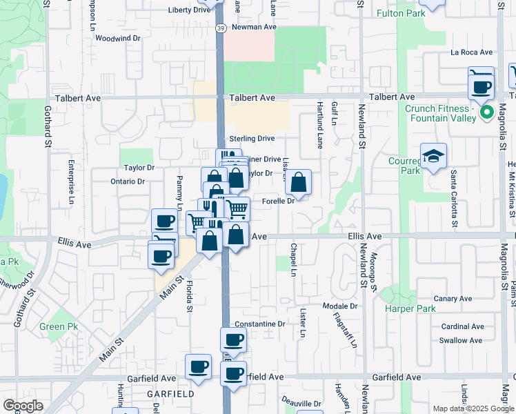 map of restaurants, bars, coffee shops, grocery stores, and more near 8091 Forelle Drive in Huntington Beach