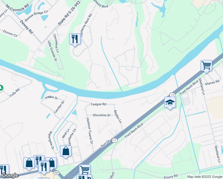 map of restaurants, bars, coffee shops, grocery stores, and more near 703 Riverwalk Drive in Myrtle Beach
