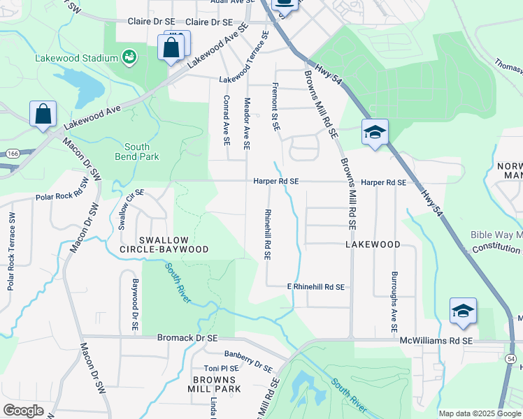 map of restaurants, bars, coffee shops, grocery stores, and more near 2135 Rhinehill Road Southeast in Atlanta