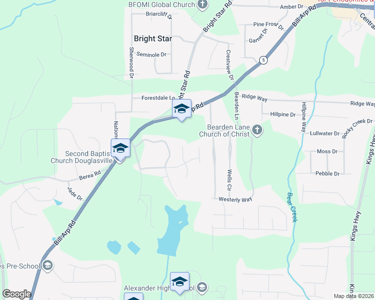 map of restaurants, bars, coffee shops, grocery stores, and more near 4089 Knotty Oak Trail in Douglasville
