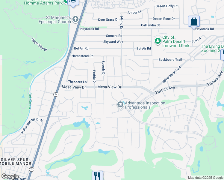 map of restaurants, bars, coffee shops, grocery stores, and more near 48624 Torrito Court in Palm Desert