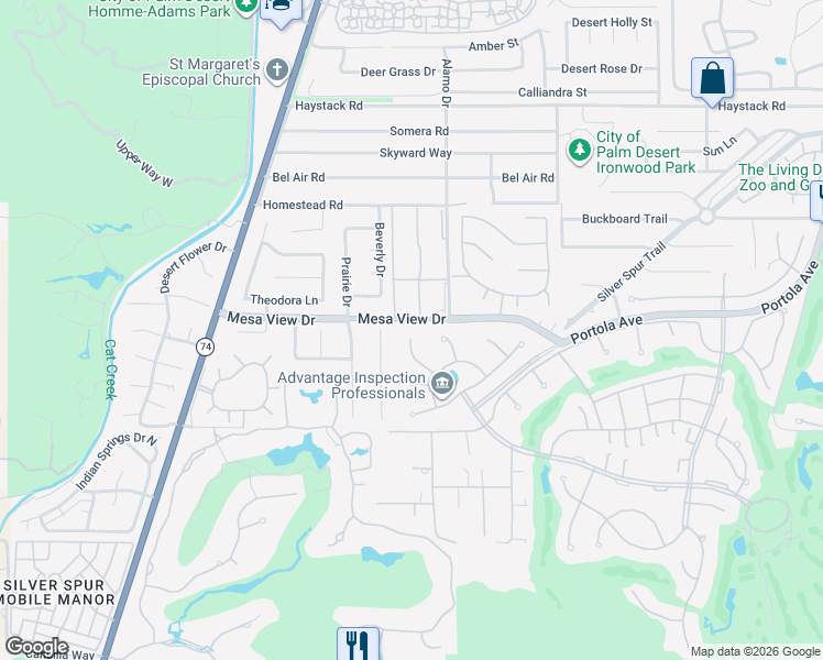 map of restaurants, bars, coffee shops, grocery stores, and more near 72930 Mesa View Drive in Palm Desert