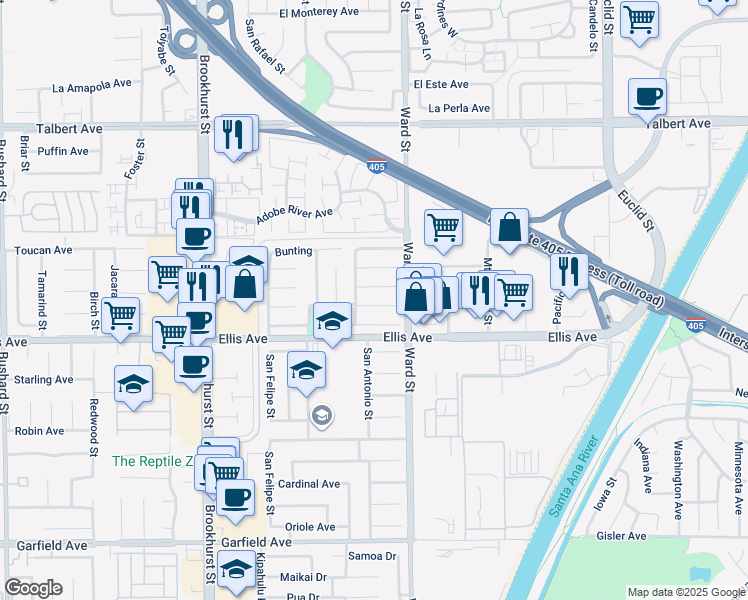 map of restaurants, bars, coffee shops, grocery stores, and more near 10458 Sioux River Circle in Fountain Valley