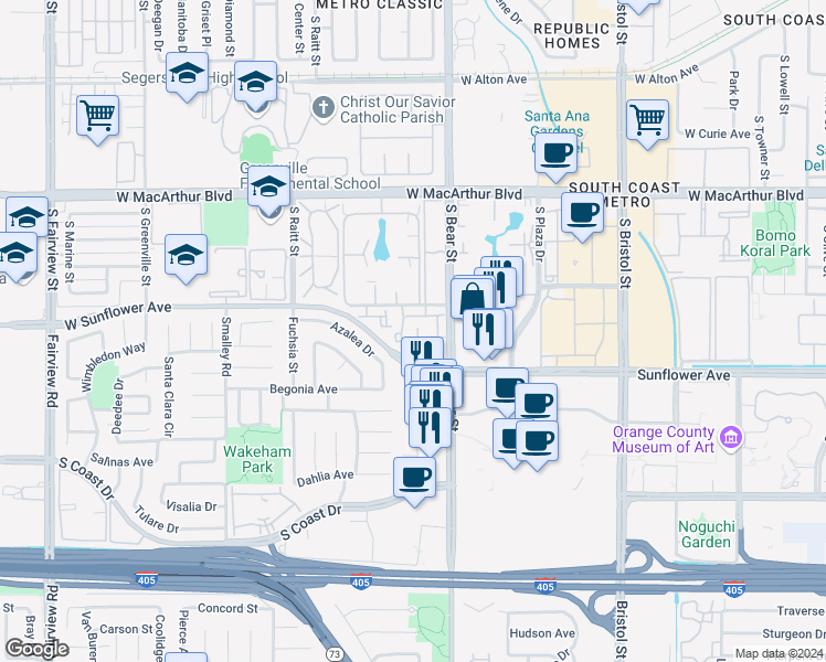 map of restaurants, bars, coffee shops, grocery stores, and more near 3431 Timber Lake in Costa Mesa