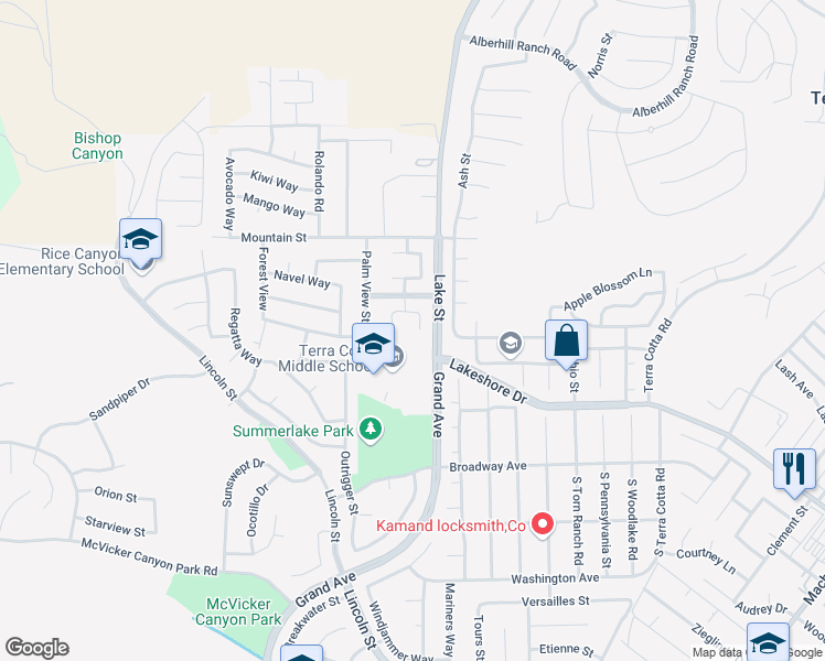 map of restaurants, bars, coffee shops, grocery stores, and more near 28557 Meadow Brook Court in Lake Elsinore