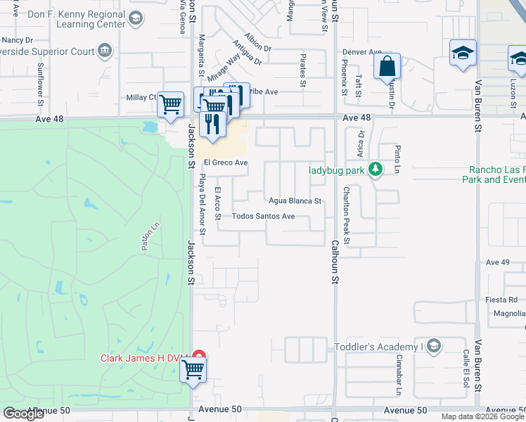 map of restaurants, bars, coffee shops, grocery stores, and more near 83430 Todos Santos Avenue in Coachella
