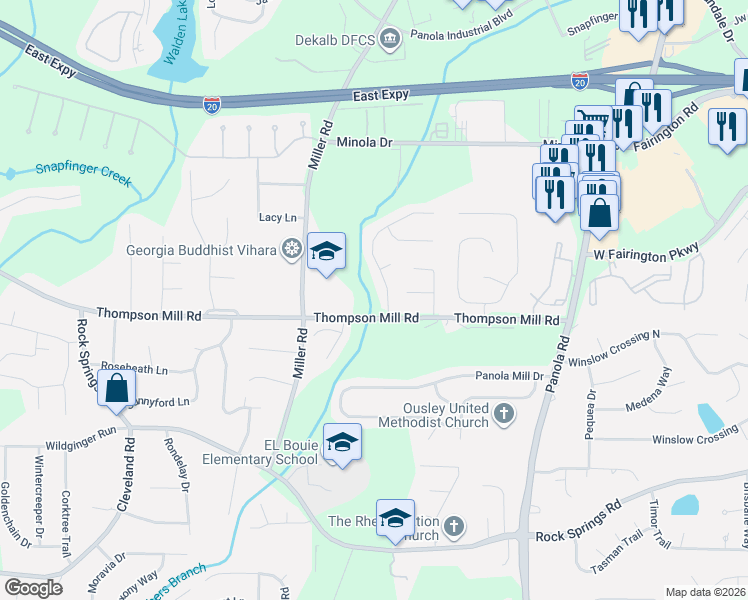 map of restaurants, bars, coffee shops, grocery stores, and more near 3036 Winding Grove Drive in Stonecrest