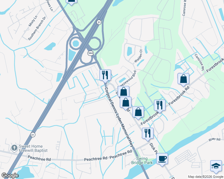 map of restaurants, bars, coffee shops, grocery stores, and more near 6511 Northumberland Way in Myrtle Beach