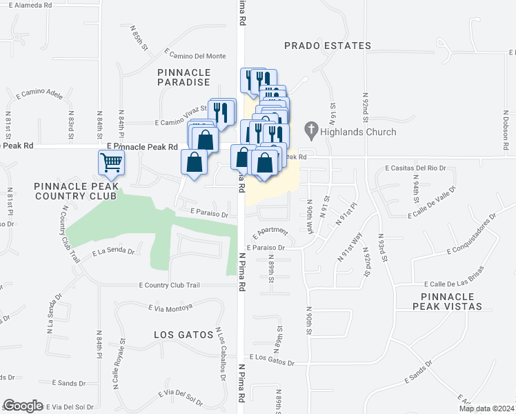 map of restaurants, bars, coffee shops, grocery stores, and more near 23199 North 88th Way in Scottsdale