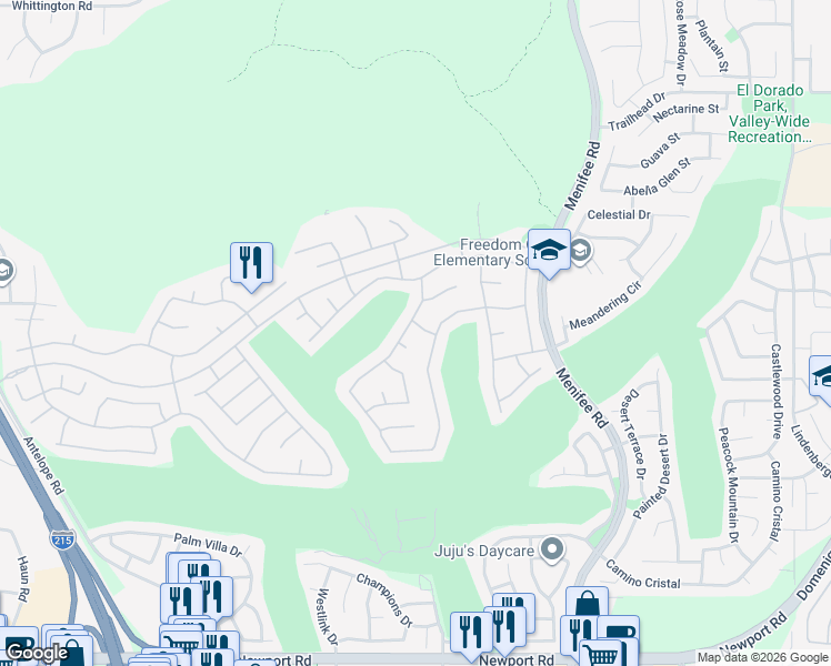 map of restaurants, bars, coffee shops, grocery stores, and more near 28667 Peach Springs Drive in Menifee
