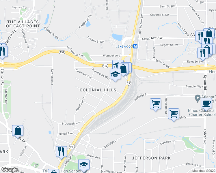 map of restaurants, bars, coffee shops, grocery stores, and more near Newnan Ave & Clermont Ave in East Point