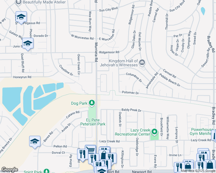 map of restaurants, bars, coffee shops, grocery stores, and more near 29306 Murrieta Road in Menifee