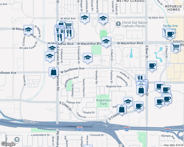 map of restaurants, bars, coffee shops, grocery stores, and more near 3481 San Marino Circle in Costa Mesa