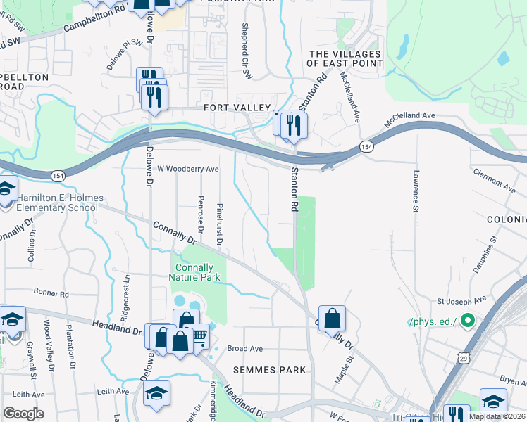 map of restaurants, bars, coffee shops, grocery stores, and more near 2156 Pointview Drive in East Point