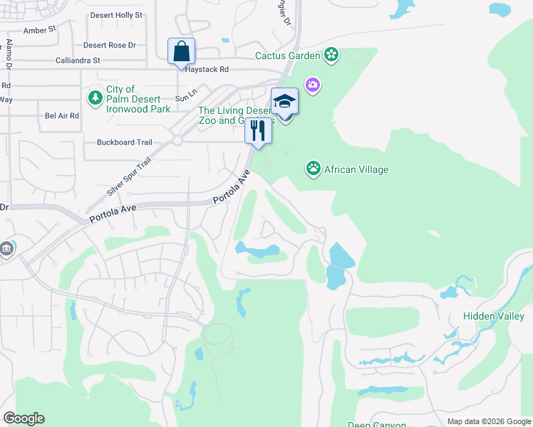 map of restaurants, bars, coffee shops, grocery stores, and more near 73846 Desert Garden in Palm Desert