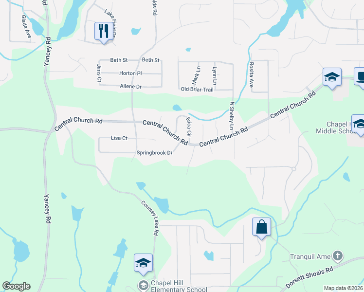 map of restaurants, bars, coffee shops, grocery stores, and more near 4885 Central Church Road in Douglasville