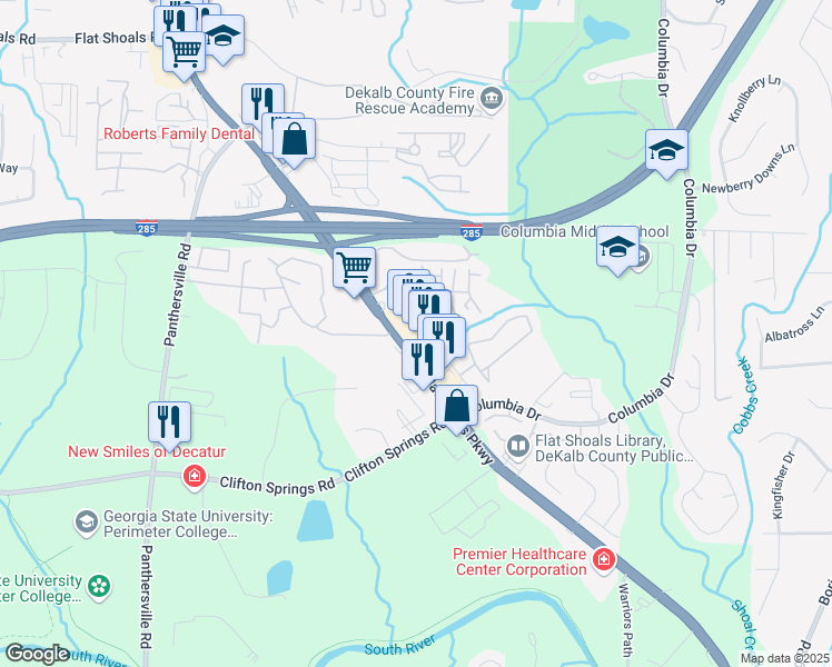 map of restaurants, bars, coffee shops, grocery stores, and more near 3900 Flat Shoals Parkway in Decatur