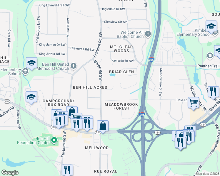 map of restaurants, bars, coffee shops, grocery stores, and more near 3553 Highwood Drive Southwest in Atlanta