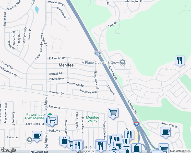 map of restaurants, bars, coffee shops, grocery stores, and more near 29250 Piping Rock Road in Menifee