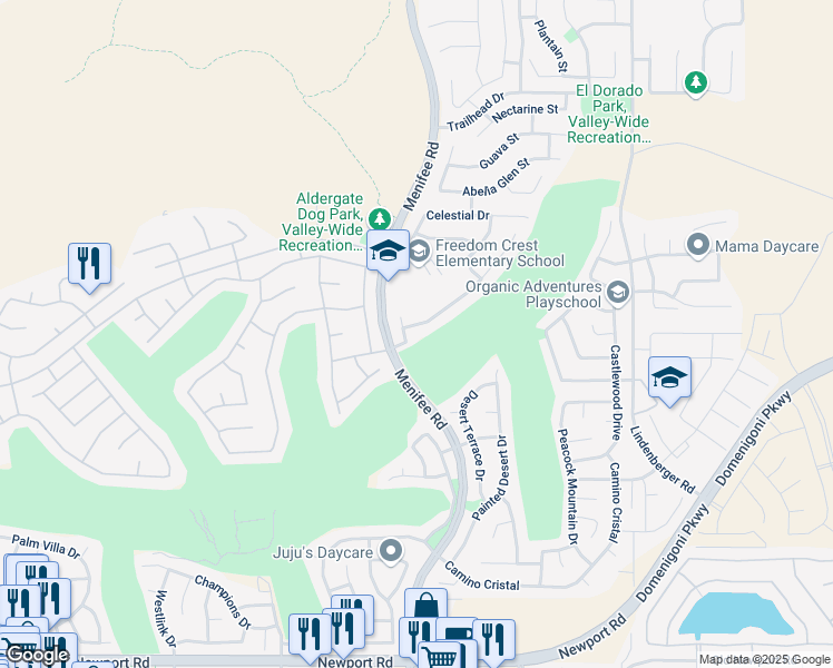 map of restaurants, bars, coffee shops, grocery stores, and more near 29300 Meandering Circle in Menifee