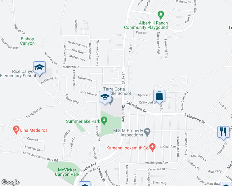 map of restaurants, bars, coffee shops, grocery stores, and more near 28557 Meadow Brook Court in Lake Elsinore