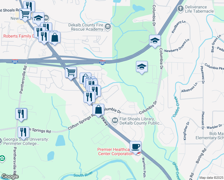 map of restaurants, bars, coffee shops, grocery stores, and more near 2805 Vining Ridge Terrace in Decatur