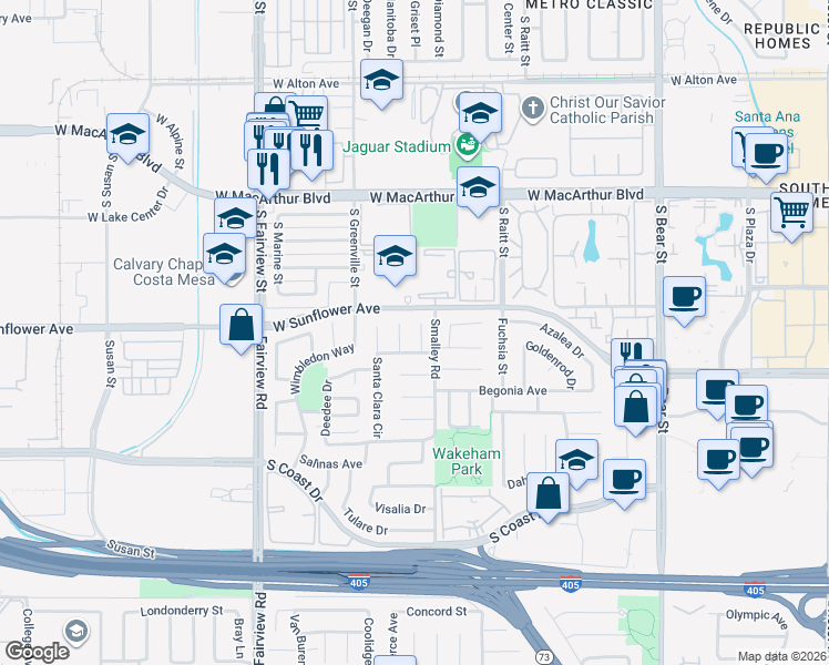 map of restaurants, bars, coffee shops, grocery stores, and more near 3481 San Marino Circle in Costa Mesa
