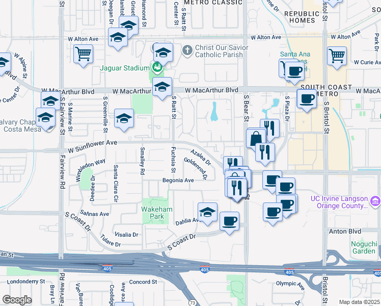 map of restaurants, bars, coffee shops, grocery stores, and more near 973 Azalea Drive in Costa Mesa