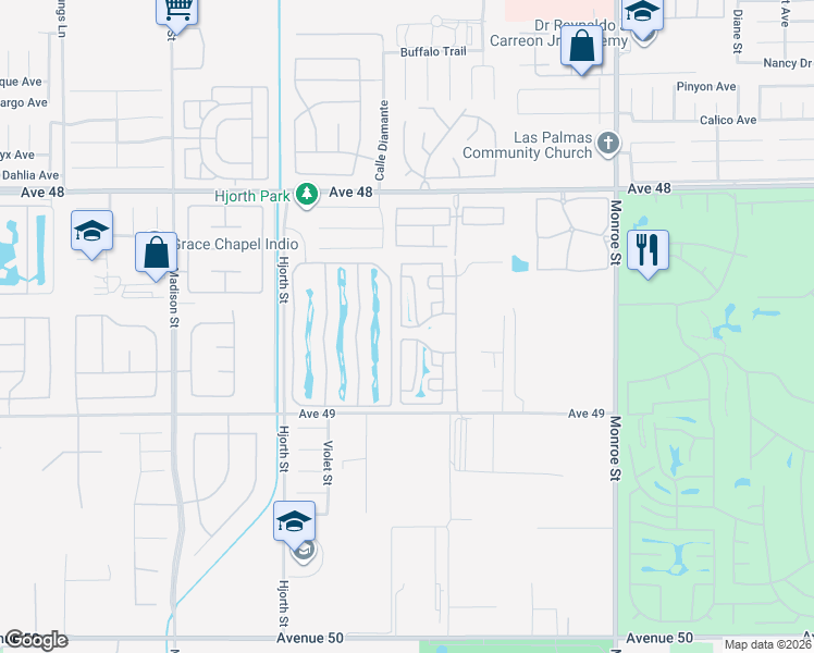 map of restaurants, bars, coffee shops, grocery stores, and more near 81620 Avenue 49 in Indio