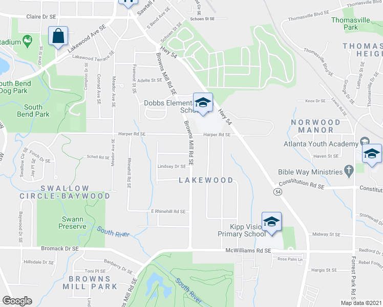 map of restaurants, bars, coffee shops, grocery stores, and more near Browns Mill Rd SE & Thaxton Dr SE in Atlanta