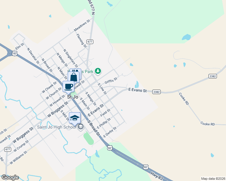 map of restaurants, bars, coffee shops, grocery stores, and more near 601 East Williams Street in Saint Jo