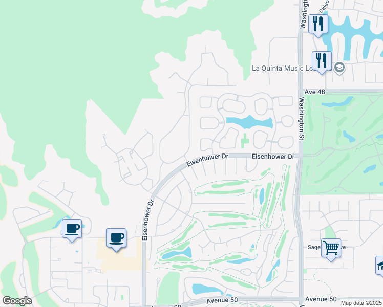 map of restaurants, bars, coffee shops, grocery stores, and more near 48476 Bighorn Drive in La Quinta