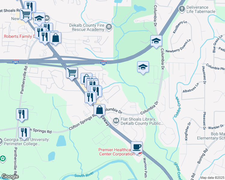 map of restaurants, bars, coffee shops, grocery stores, and more near 2837 Vining Ridge Terrace in Decatur
