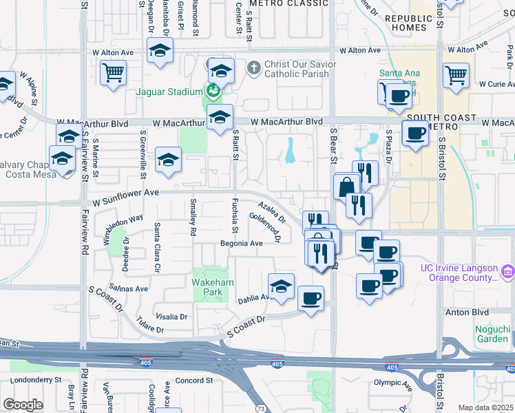 map of restaurants, bars, coffee shops, grocery stores, and more near 973 Azalea Drive in Costa Mesa