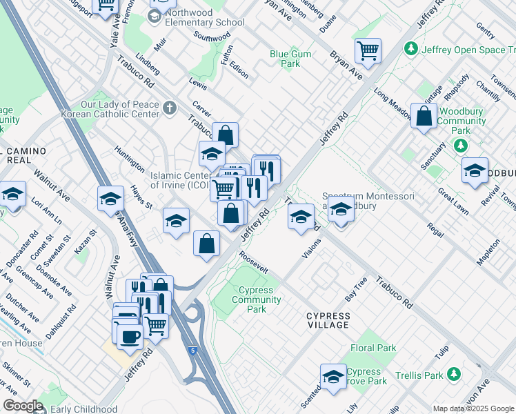map of restaurants, bars, coffee shops, grocery stores, and more near 14111 Jeffrey Road in Irvine