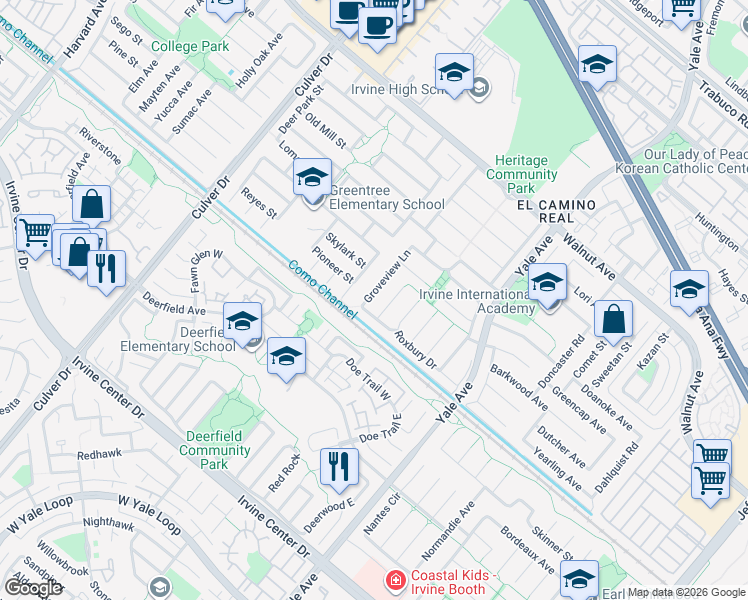 map of restaurants, bars, coffee shops, grocery stores, and more near 14922 Groveview Lane in Irvine
