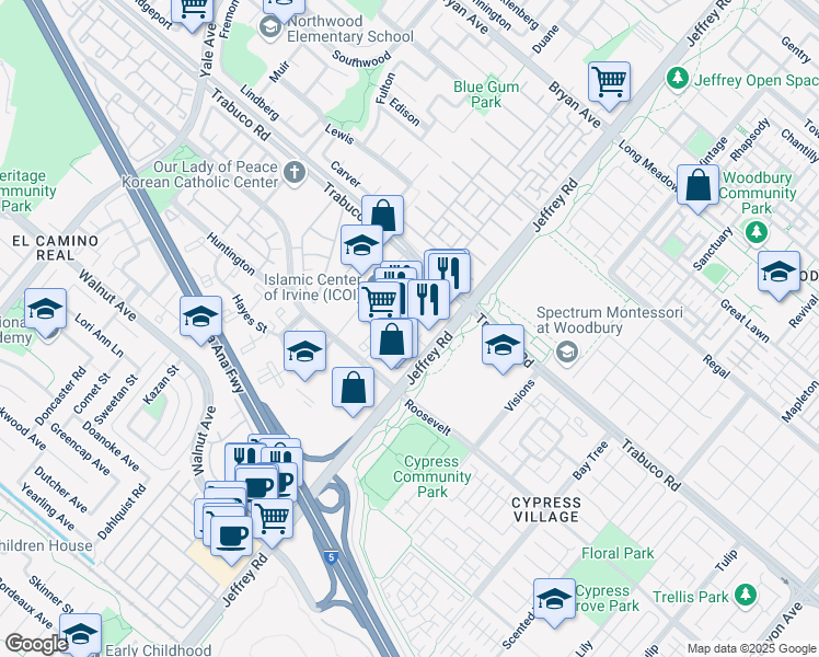 map of restaurants, bars, coffee shops, grocery stores, and more near 14101 Jeffrey Road in Irvine