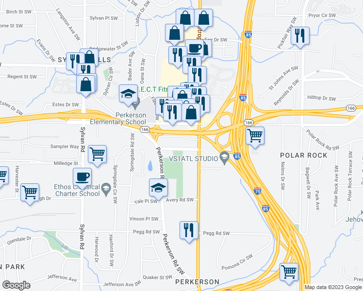 map of restaurants, bars, coffee shops, grocery stores, and more near 647 Langston Drive Southwest in Atlanta
