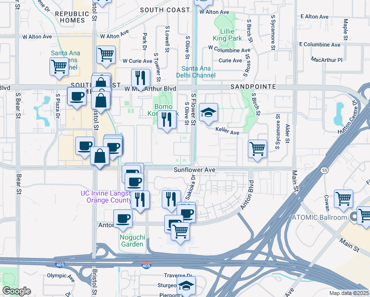 map of restaurants, bars, coffee shops, grocery stores, and more near 3800 South Flower Street in Santa Ana