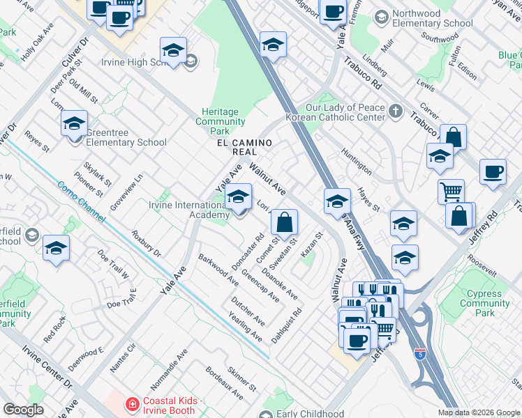 map of restaurants, bars, coffee shops, grocery stores, and more near 4851 Lori Ann Lane in Irvine