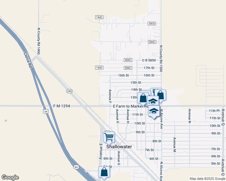 map of restaurants, bars, coffee shops, grocery stores, and more near 711 14th Street in Shallowater