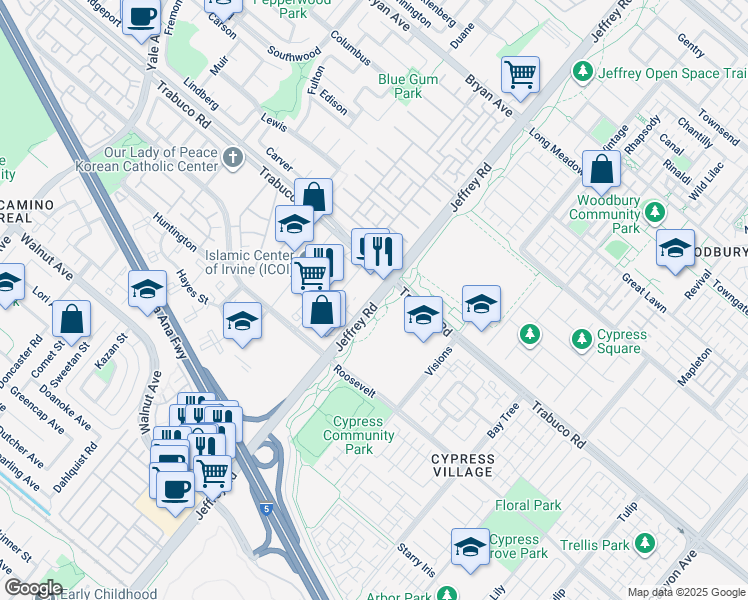 map of restaurants, bars, coffee shops, grocery stores, and more near 14111 Jeffrey Road in Irvine
