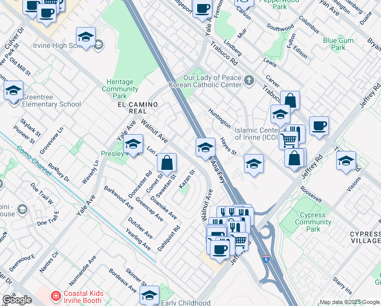map of restaurants, bars, coffee shops, grocery stores, and more near 17 Springfield in Irvine