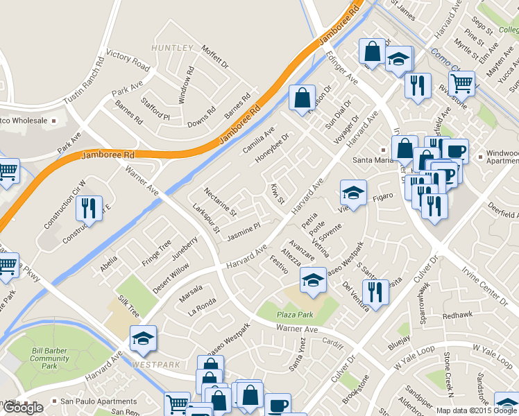 map of restaurants, bars, coffee shops, grocery stores, and more near 3201 Pear Blossom Street in Tustin