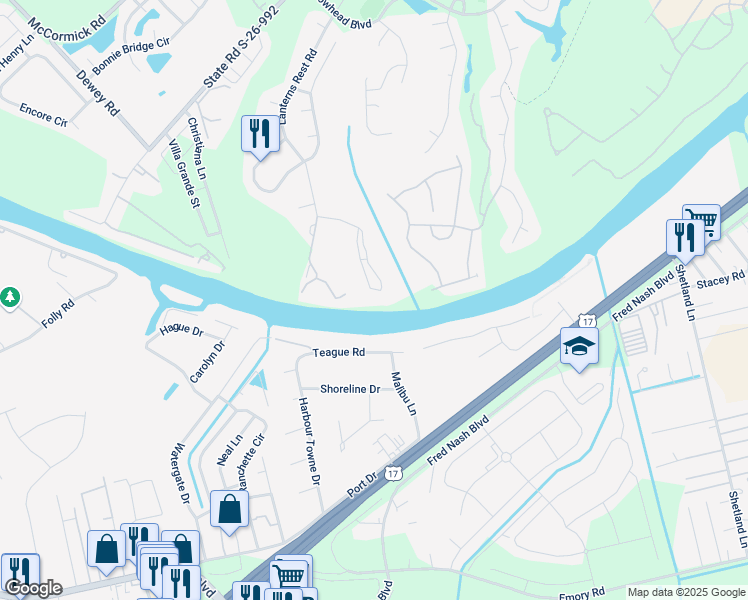 map of restaurants, bars, coffee shops, grocery stores, and more near 698 Riverwalk Drive in Myrtle Beach