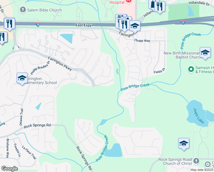 map of restaurants, bars, coffee shops, grocery stores, and more near 4103 Fairington Club Drive in Stonecrest