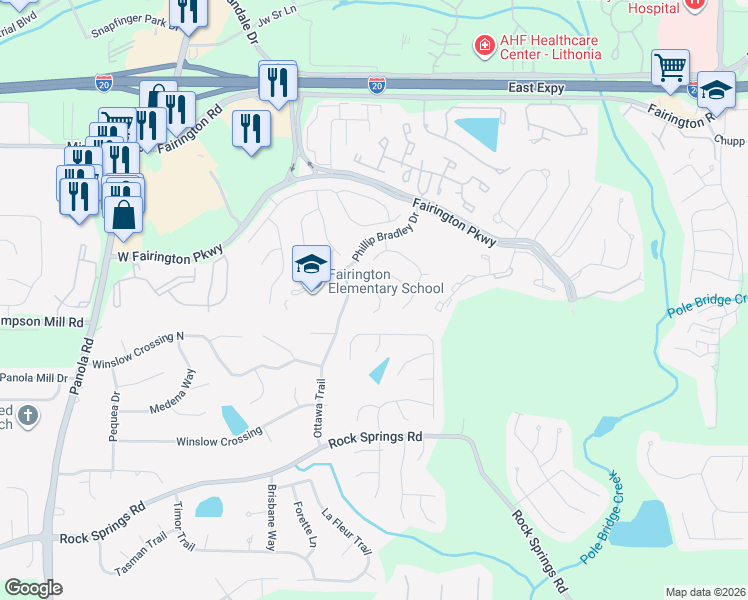 map of restaurants, bars, coffee shops, grocery stores, and more near 5599 Fair Creek Way in Stonecrest