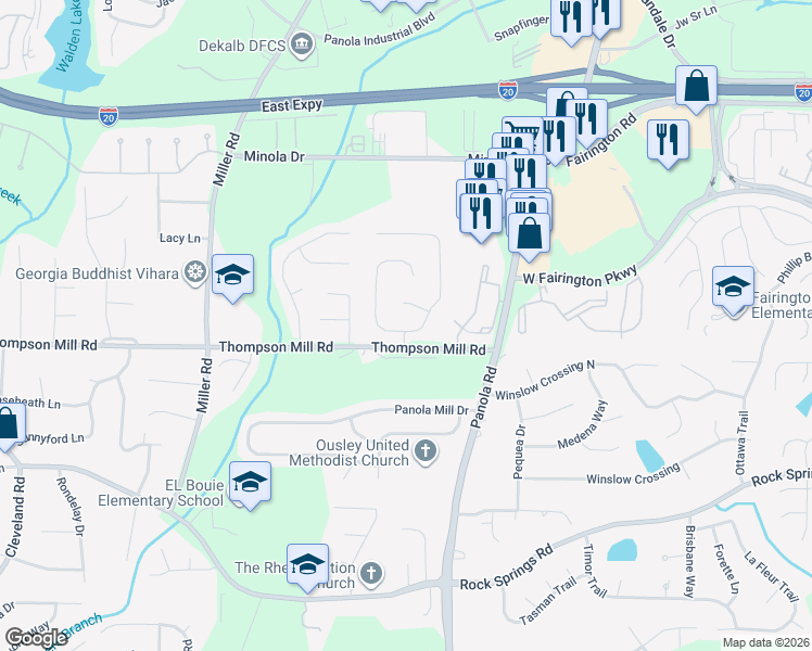map of restaurants, bars, coffee shops, grocery stores, and more near 5230 Winding Glen Drive in Stonecrest